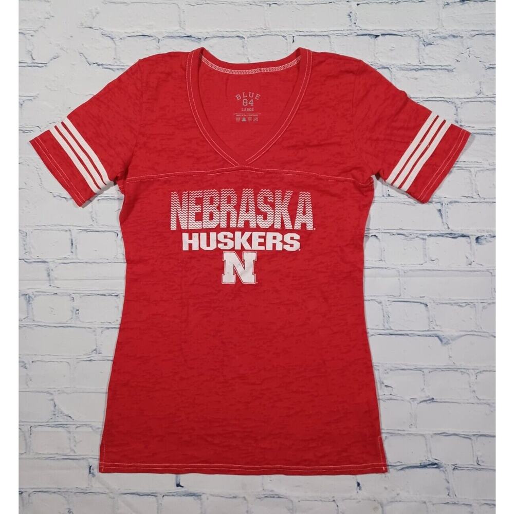 Nebraska‎ Cornhuskers Shirt Womens Large Red Short Sleeve Burnout BLUE 84